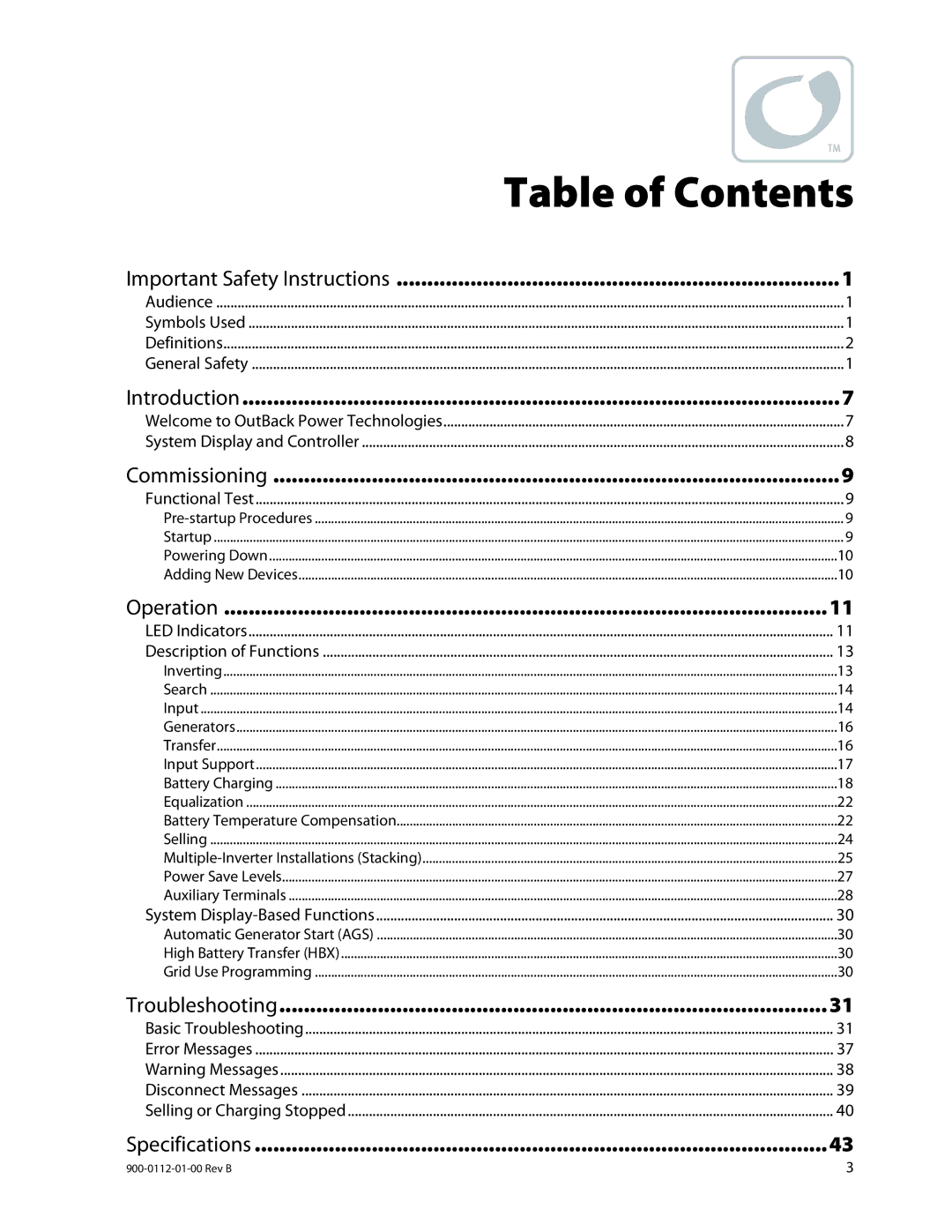 Outback Power Systems GFX1448E, GFX1424E, GFX1312E manual Table of Contents 