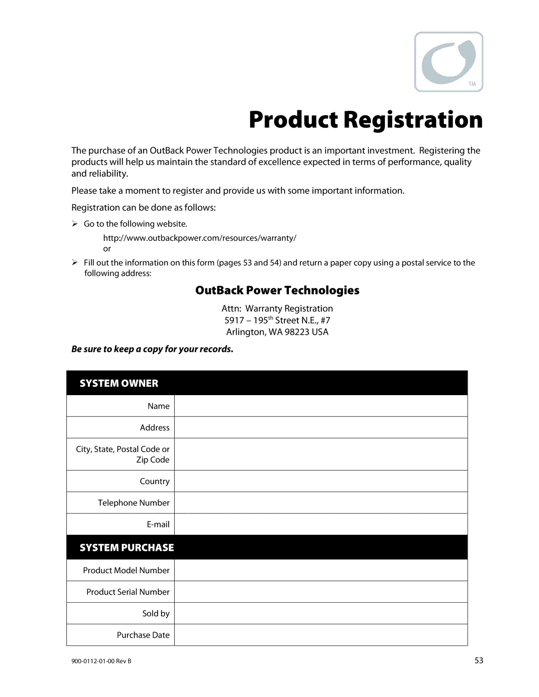 Outback Power Systems GFX1312E, GFX1424E, GFX1448E manual Product Registration, OutBack Power Technologies 