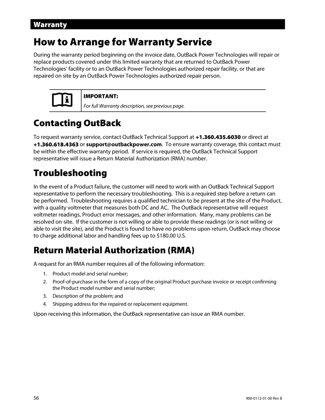 Outback Power Systems GFX1312E, GFX1424E, GFX1448E How to Arrange for Warranty Service, Contacting OutBack, Troubleshooting 