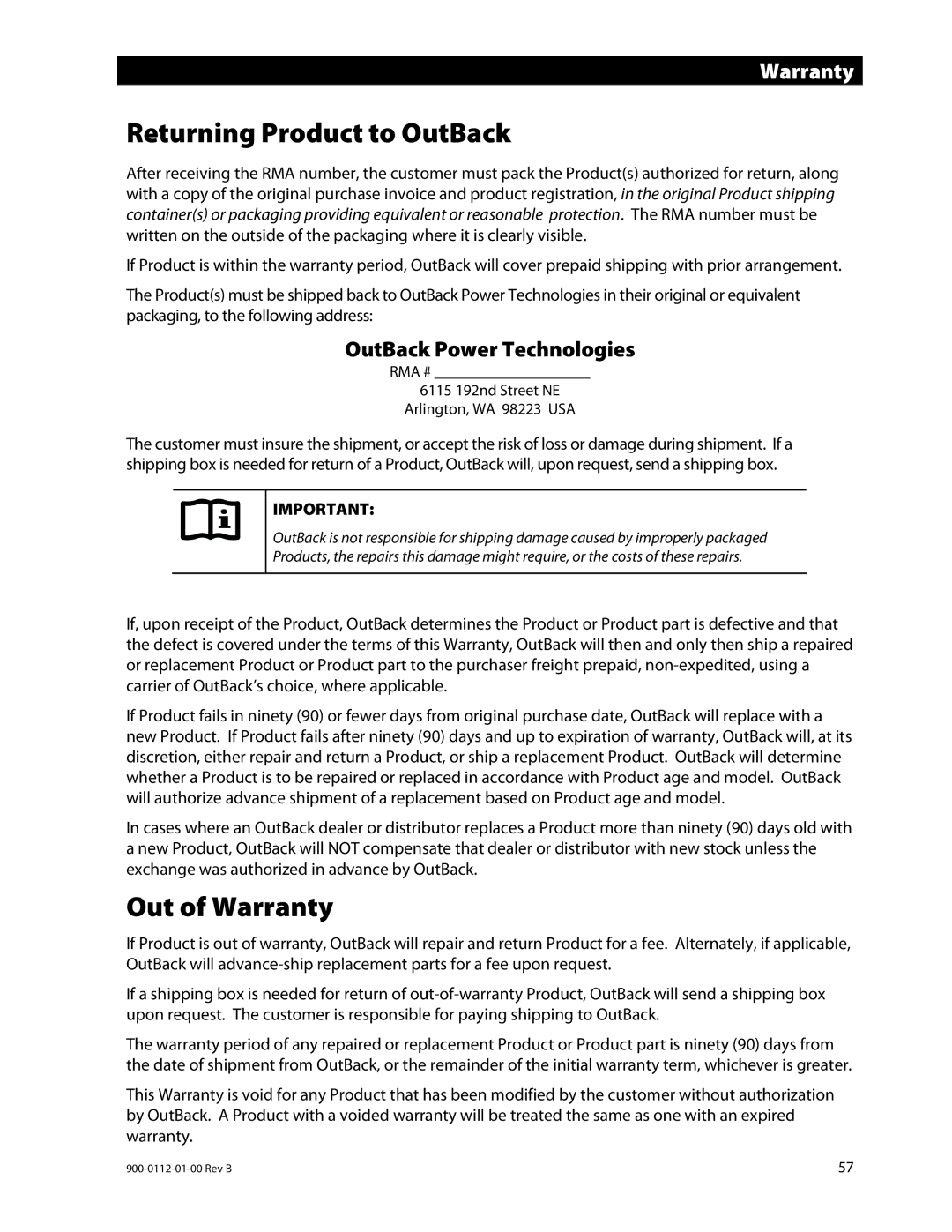 Outback Power Systems GFX1448E, GFX1424E, GFX1312E manual Returning Product to OutBack, Out of Warranty 