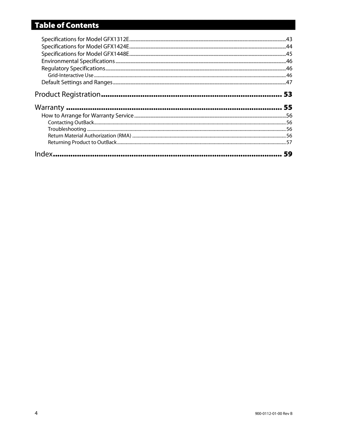 Outback Power Systems GFX1424E, GFX1312E, GFX1448E manual Table of Contents 