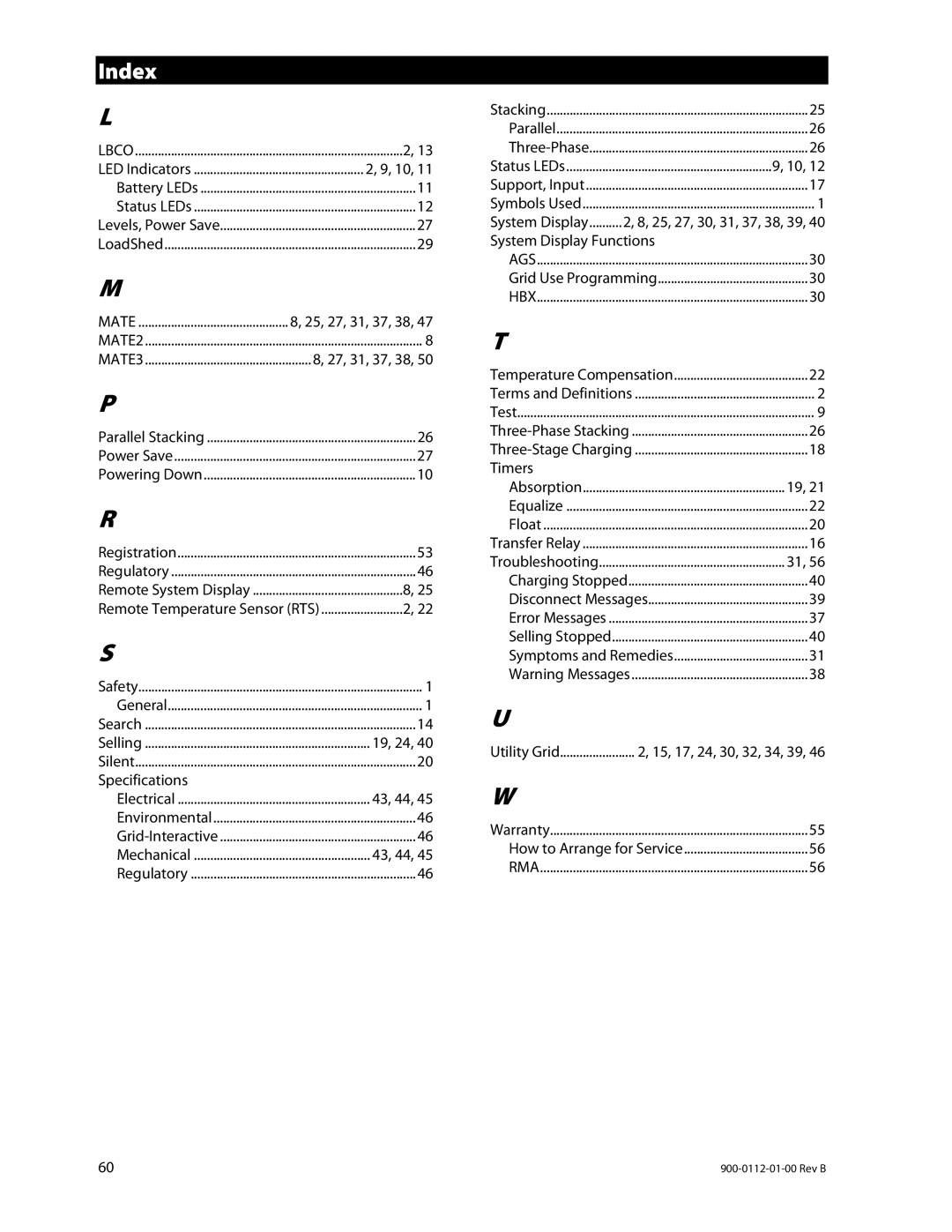 Outback Power Systems GFX1448E, GFX1424E, GFX1312E manual Index 