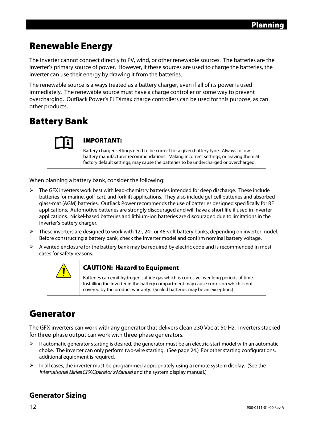 Outback Power Systems GFX1448E, GFX1424E, GFX1312E installation manual Renewable Energy, Battery Bank, Generator 