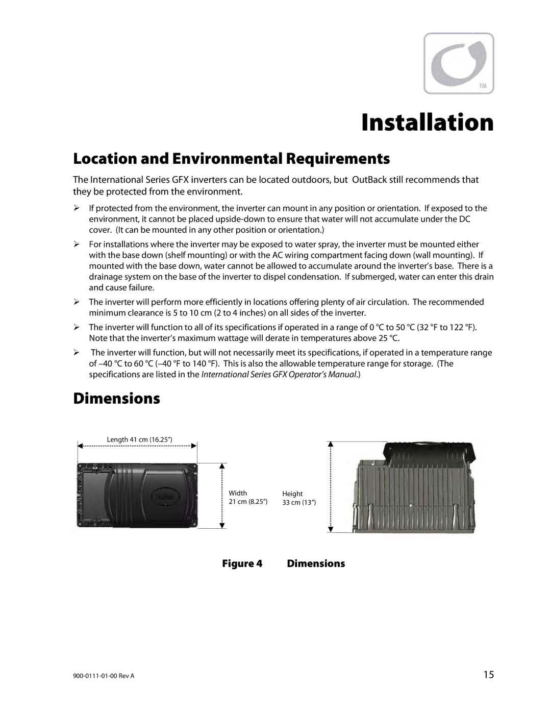 Outback Power Systems GFX1448E, GFX1424E, GFX1312E installation manual Location and Environmental Requirements, Dimensions 