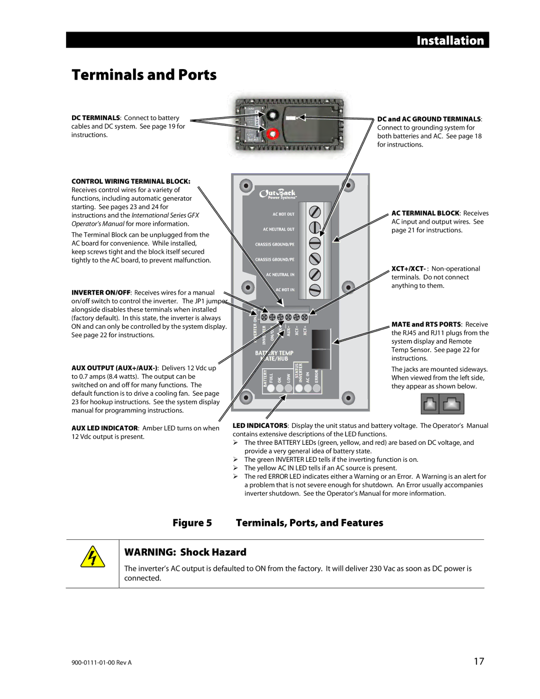 Outback Power Systems GFX1312E, GFX1424E, GFX1448E installation manual Terminals and Ports, Terminals, Ports, and Features 