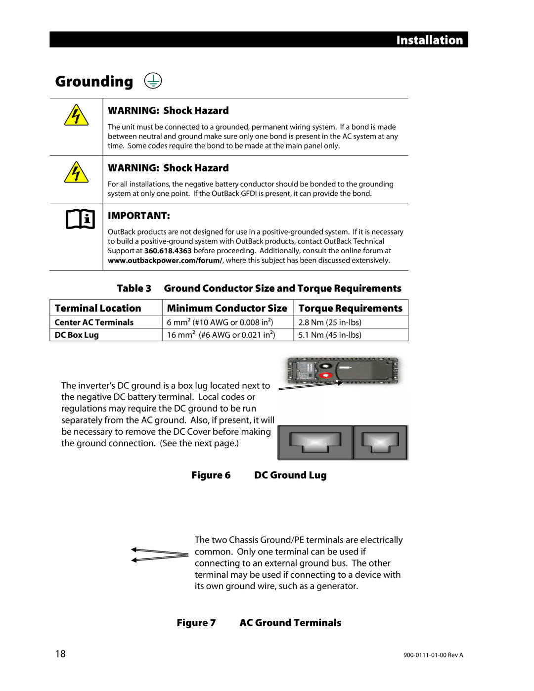 Outback Power Systems GFX1448E, GFX1424E, GFX1312E installation manual Grounding, DC Ground Lug 