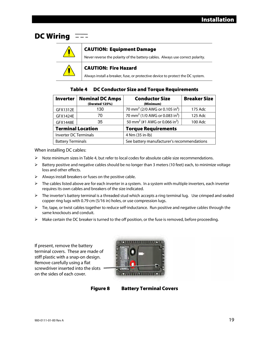 Outback Power Systems GFX1424E, GFX1312E, GFX1448E DC Wiring, DC Conductor Size and Torque Requirements Inverter 