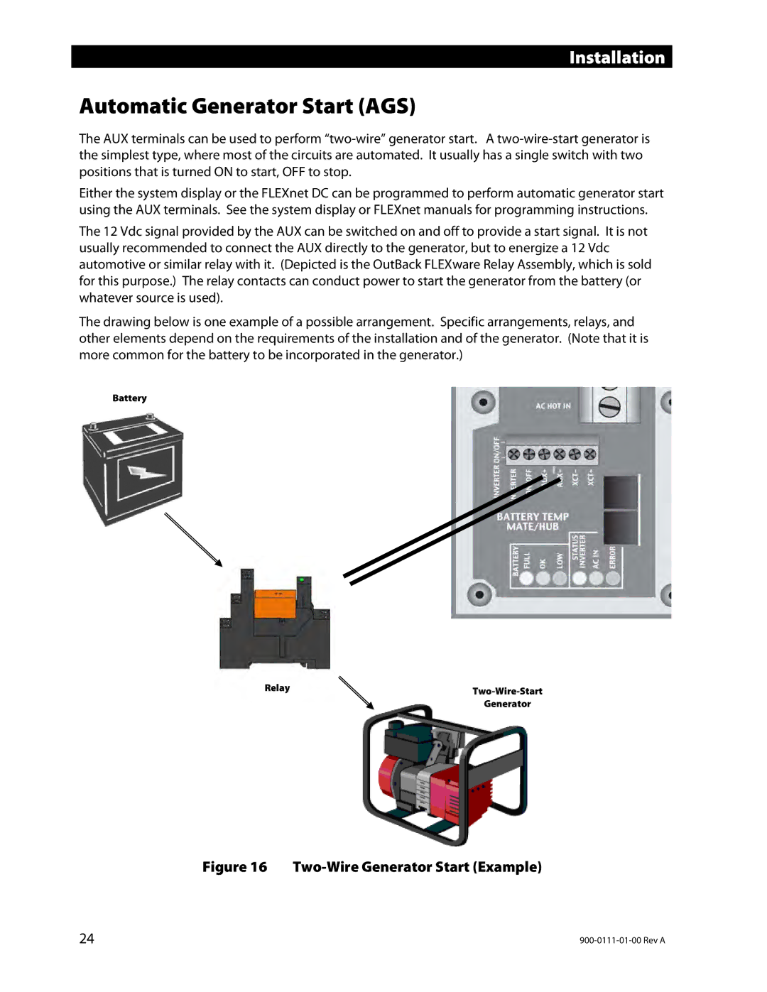 Outback Power Systems GFX1448E, GFX1424E, GFX1312E Automatic Generator Start AGS, Two-Wire Generator Start Example 