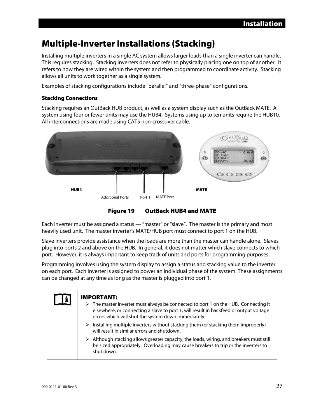 Outback Power Systems GFX1448E, GFX1424E, GFX1312E Multiple-Inverter Installations Stacking, Stacking Connections 