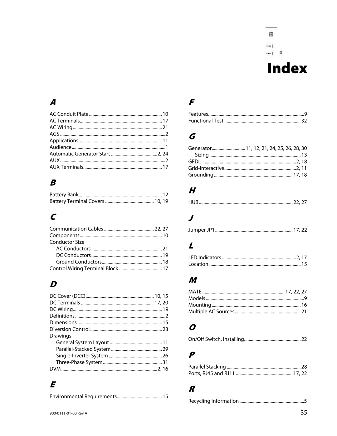 Outback Power Systems GFX1312E, GFX1424E, GFX1448E installation manual Index 