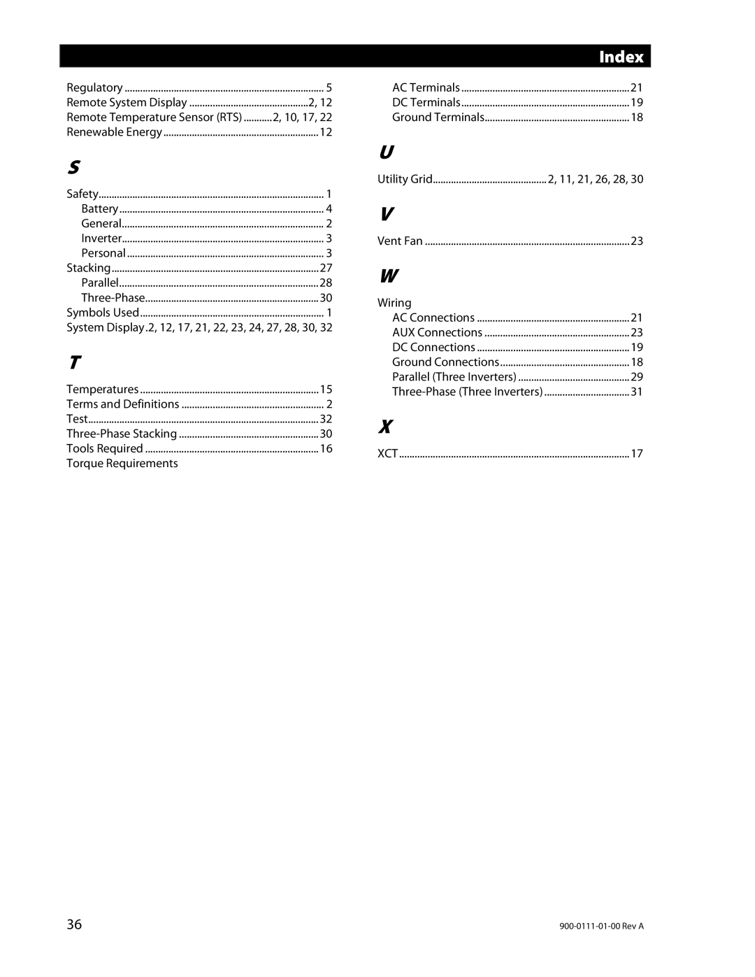 Outback Power Systems GFX1448E, GFX1424E, GFX1312E installation manual Index 