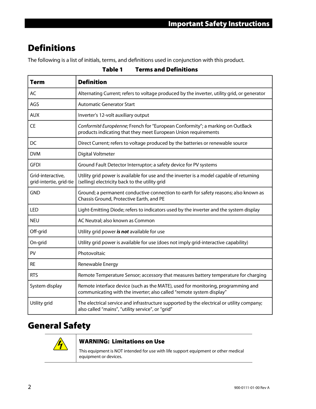 Outback Power Systems GFX1312E, GFX1424E, GFX1448E installation manual Definitions, General Safety 