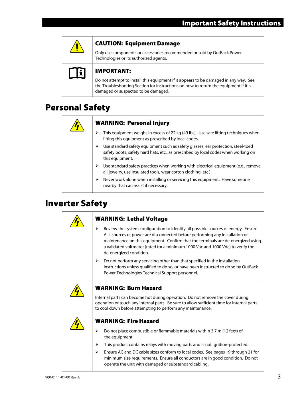 Outback Power Systems GFX1448E, GFX1424E, GFX1312E installation manual Personal Safety, Inverter Safety 