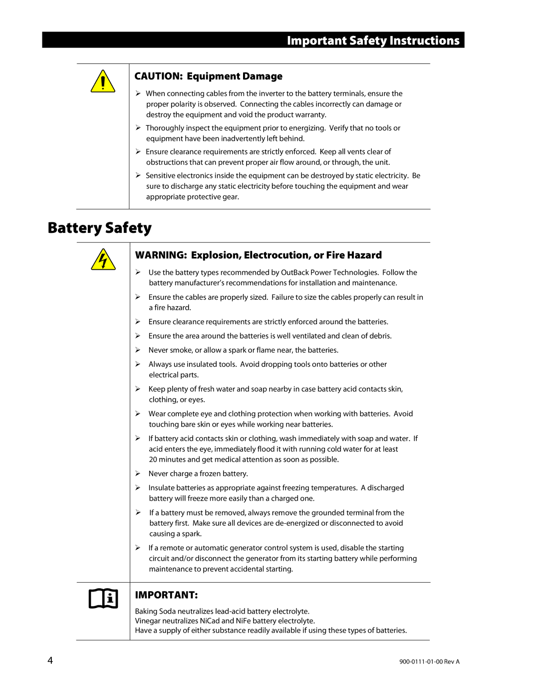 Outback Power Systems GFX1424E, GFX1312E, GFX1448E installation manual Battery Safety 