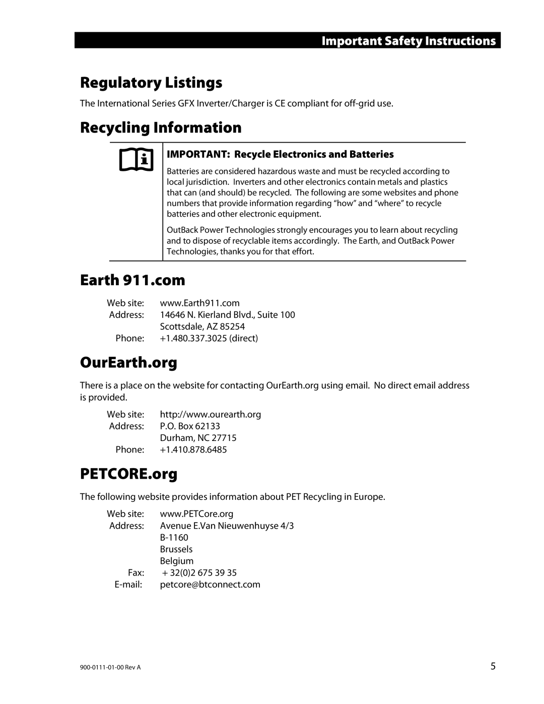 Outback Power Systems GFX1312E Regulatory Listings, Recycling Information, Earth 911.com, OurEarth.org, PETCORE.org 