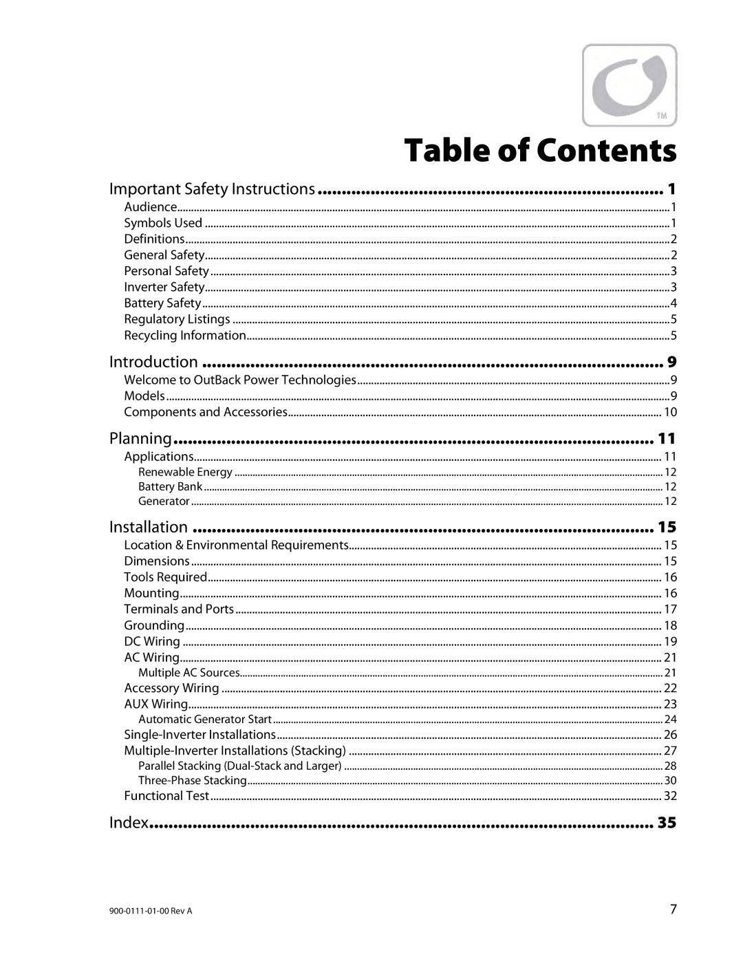 Outback Power Systems GFX1424E, GFX1312E, GFX1448E installation manual Table of Contents 