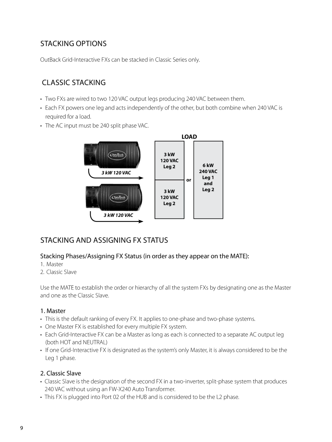 Outback Power Systems GVFX Stacking Options, Classic Stacking, Stacking and Assigning FX Status, Master, Classic Slave 