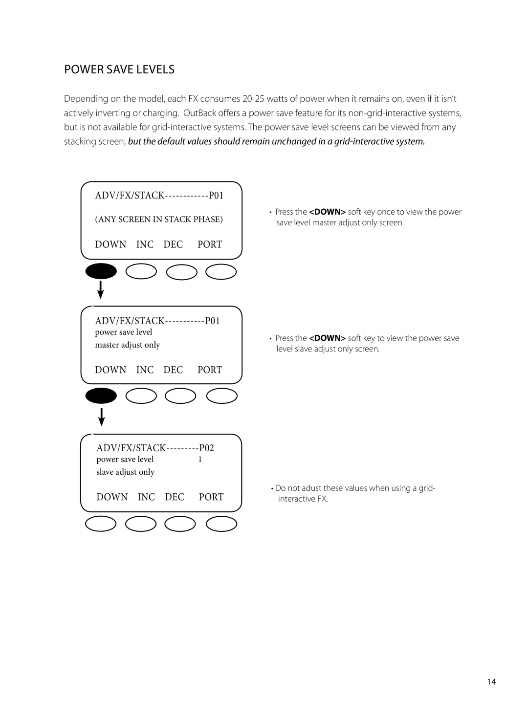 Outback Power Systems GTFX, GVFX manual Power Save Levels 