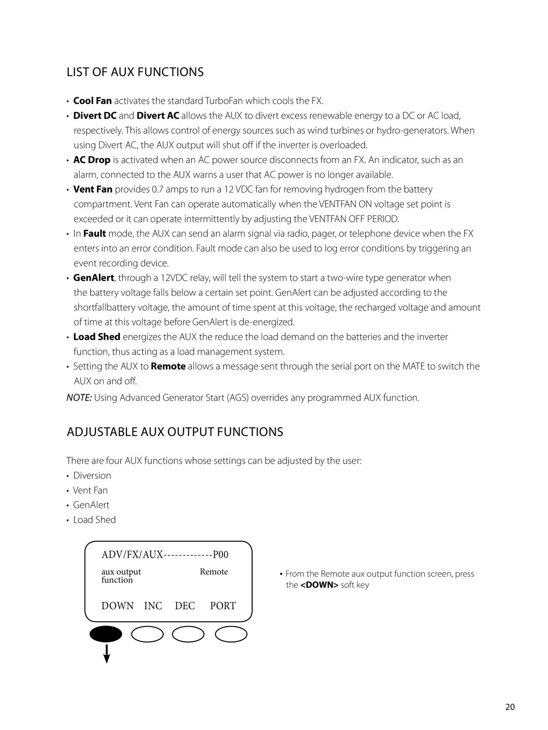 Outback Power Systems GTFX, GVFX manual List of AUX Functions, Adjustable AUX Output Functions 