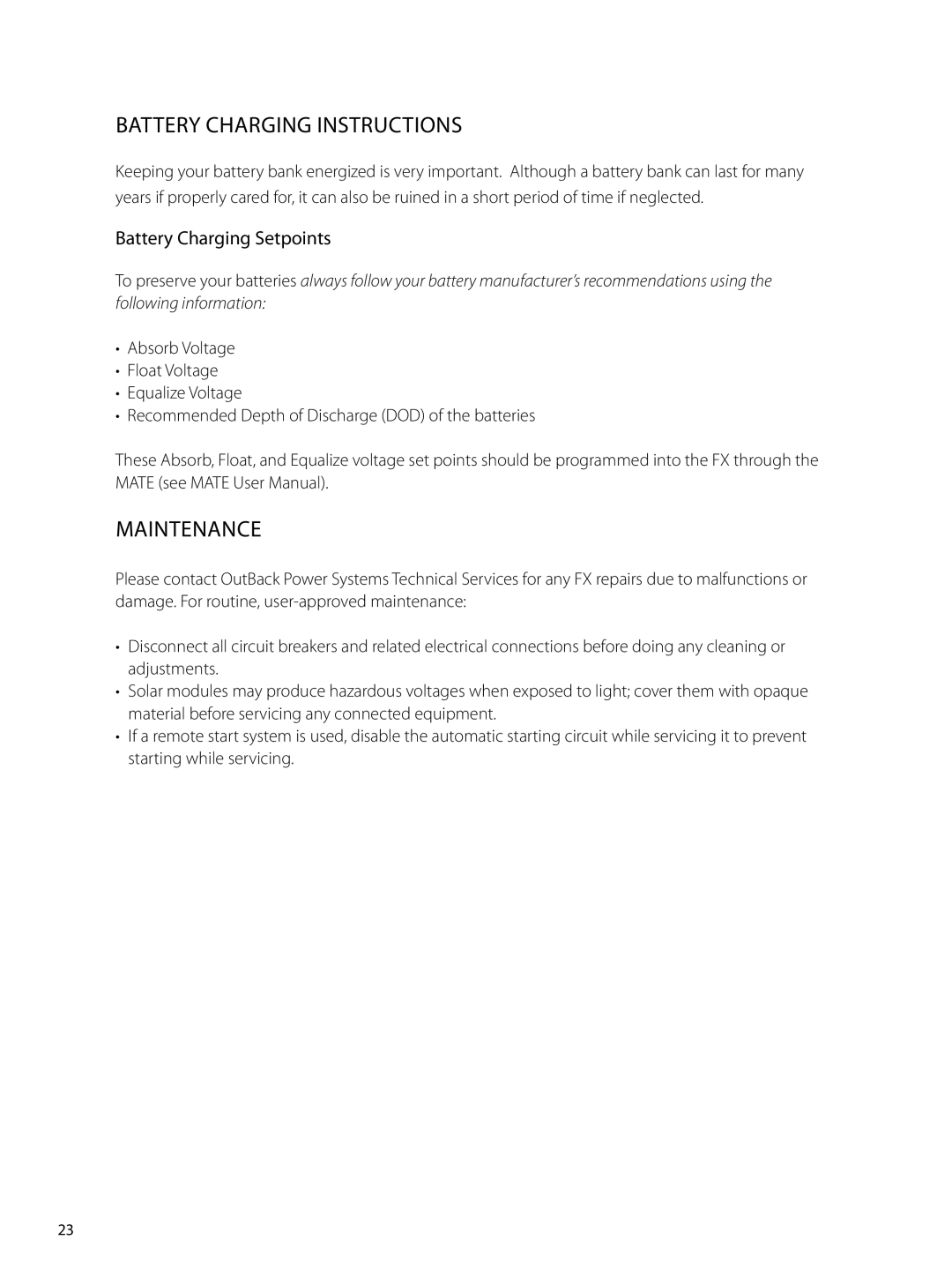 Outback Power Systems GVFX, GTFX manual Battery Charging Instructions, Maintenance, Battery Charging Setpoints 