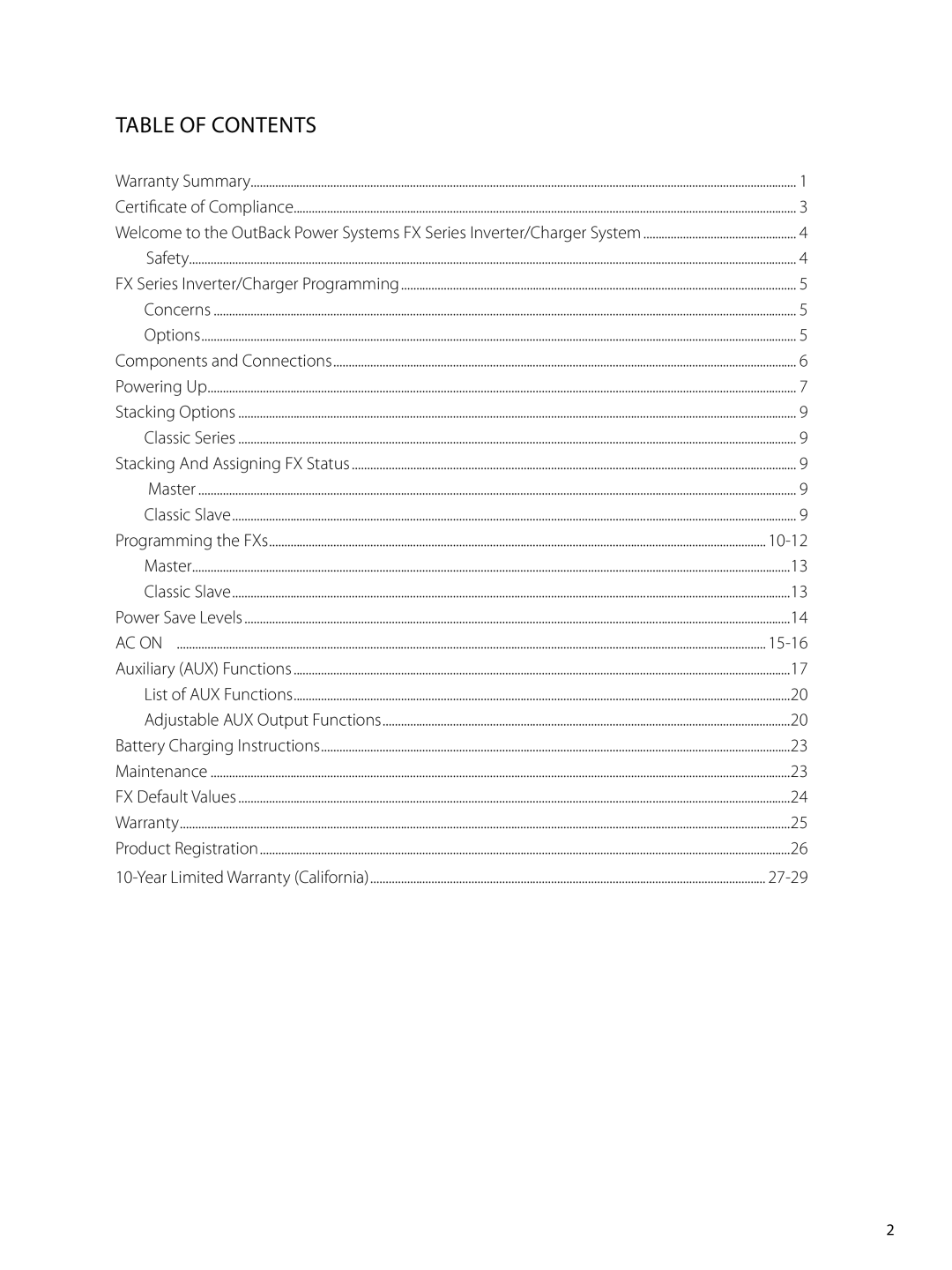 Outback Power Systems GTFX, GVFX manual Table of Contents 