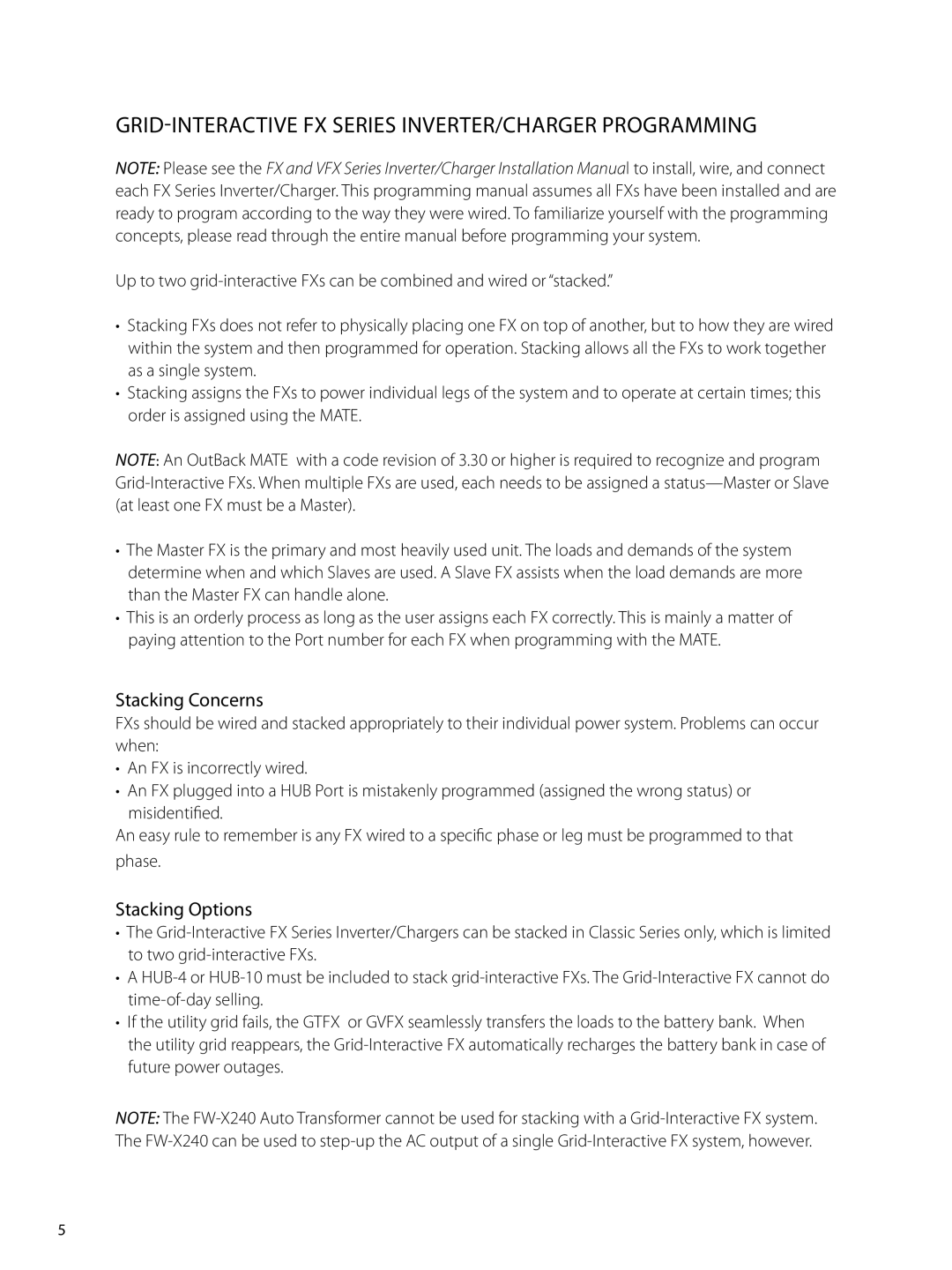 Outback Power Systems GVFX Grid-INTERACTIVE FX Series Inverter/Charger Programming, Stacking Concerns, Stacking Options 