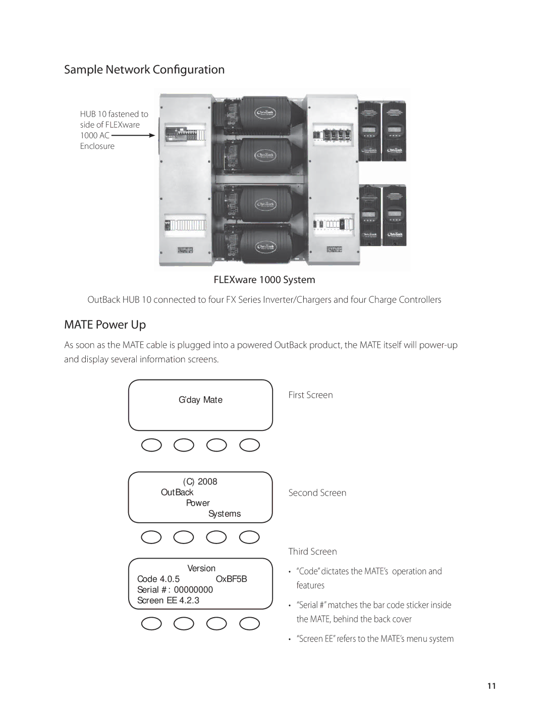 Outback Power Systems MATE_B, HUB4, HUB10, MATE2 user manual Sample Network Configuration, Mate Power Up, FLEXware 1000 System 