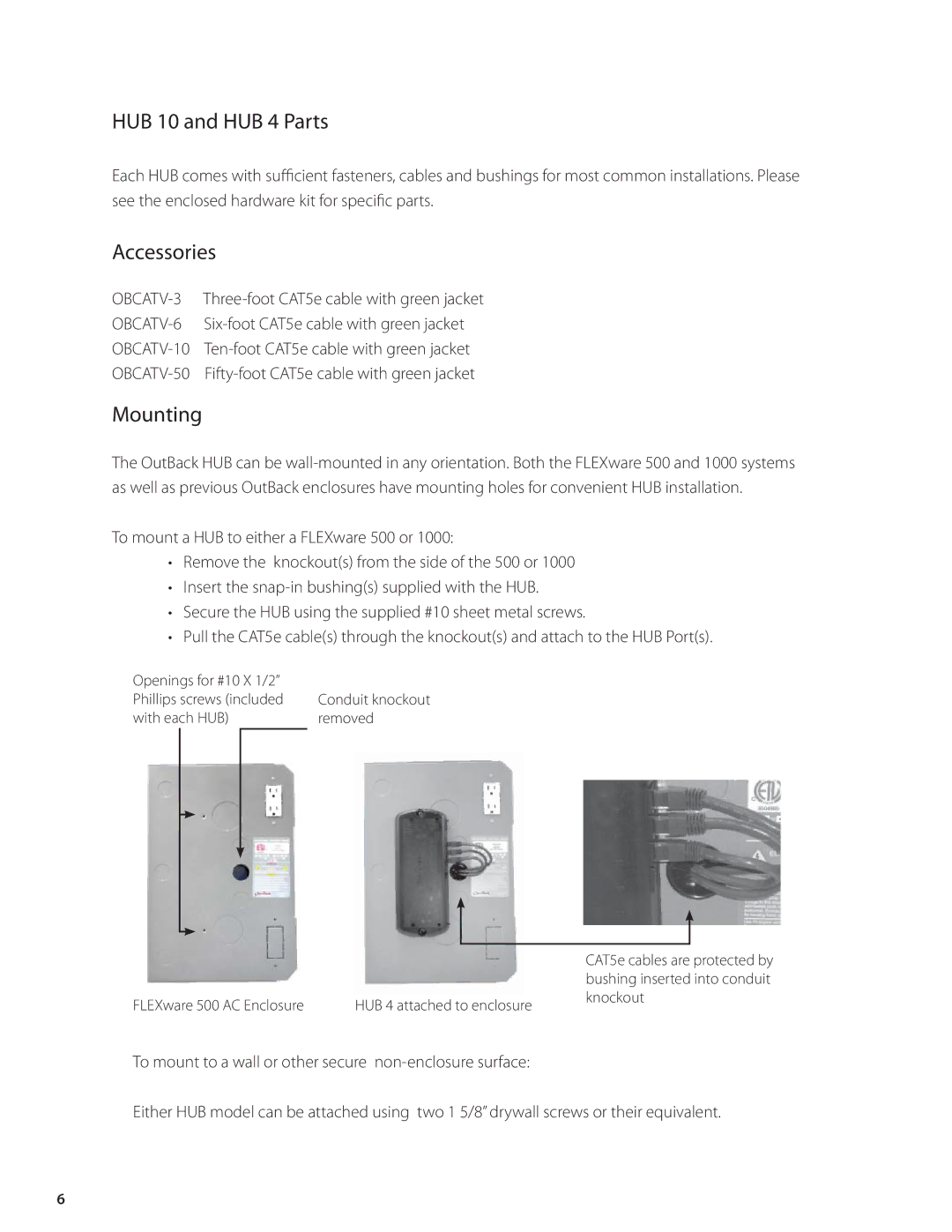 Outback Power Systems MATE_B, HUB4, HUB10, MATE2 user manual HUB 10 and HUB 4 Parts, Accessories, Mounting 