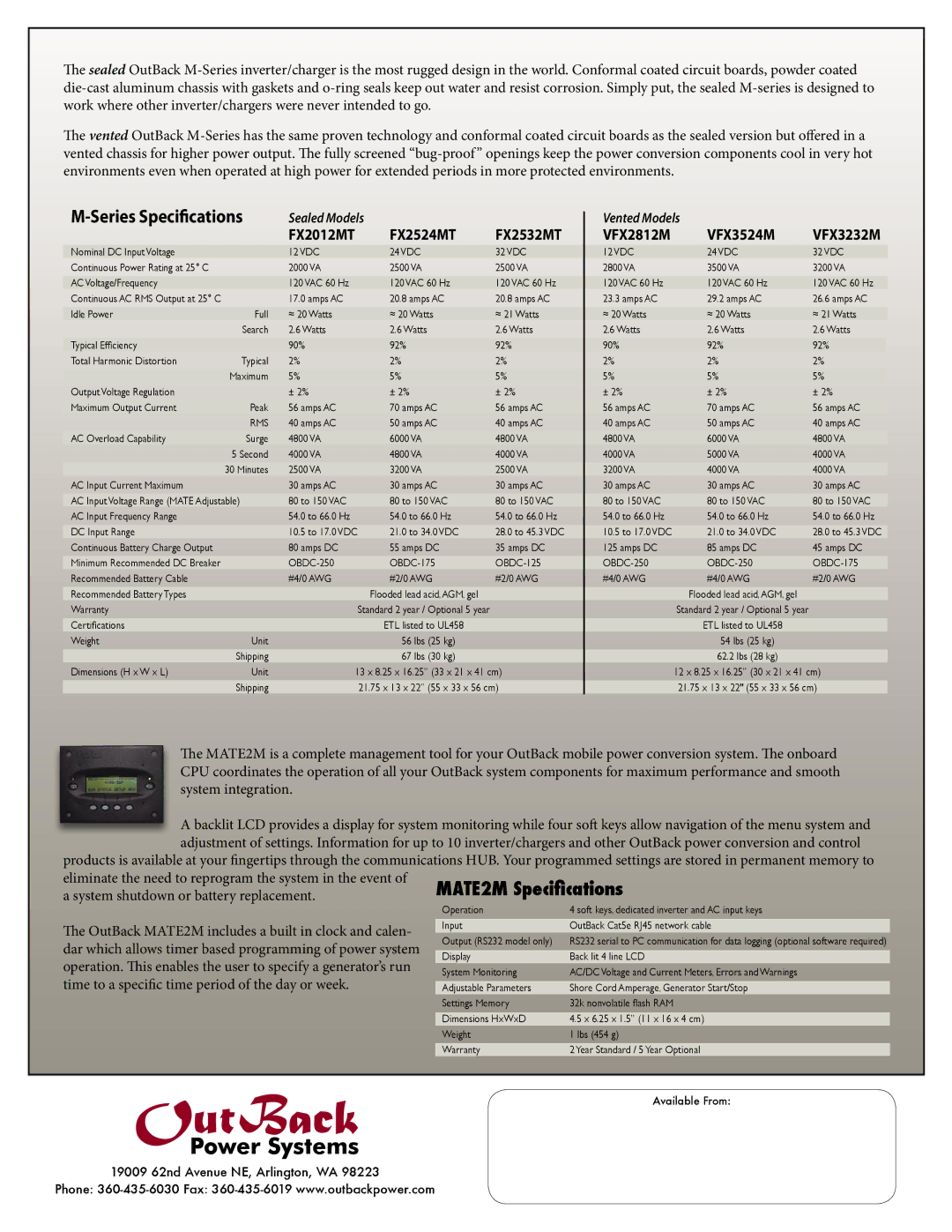 Outback Power Systems M-Series warranty Series Speciﬁcations 