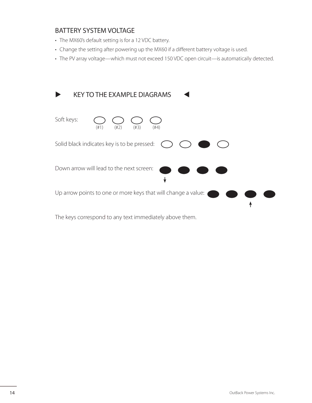 Outback Power Systems MX60 user manual Battery System Voltage, KEY to the Example Diagrams 