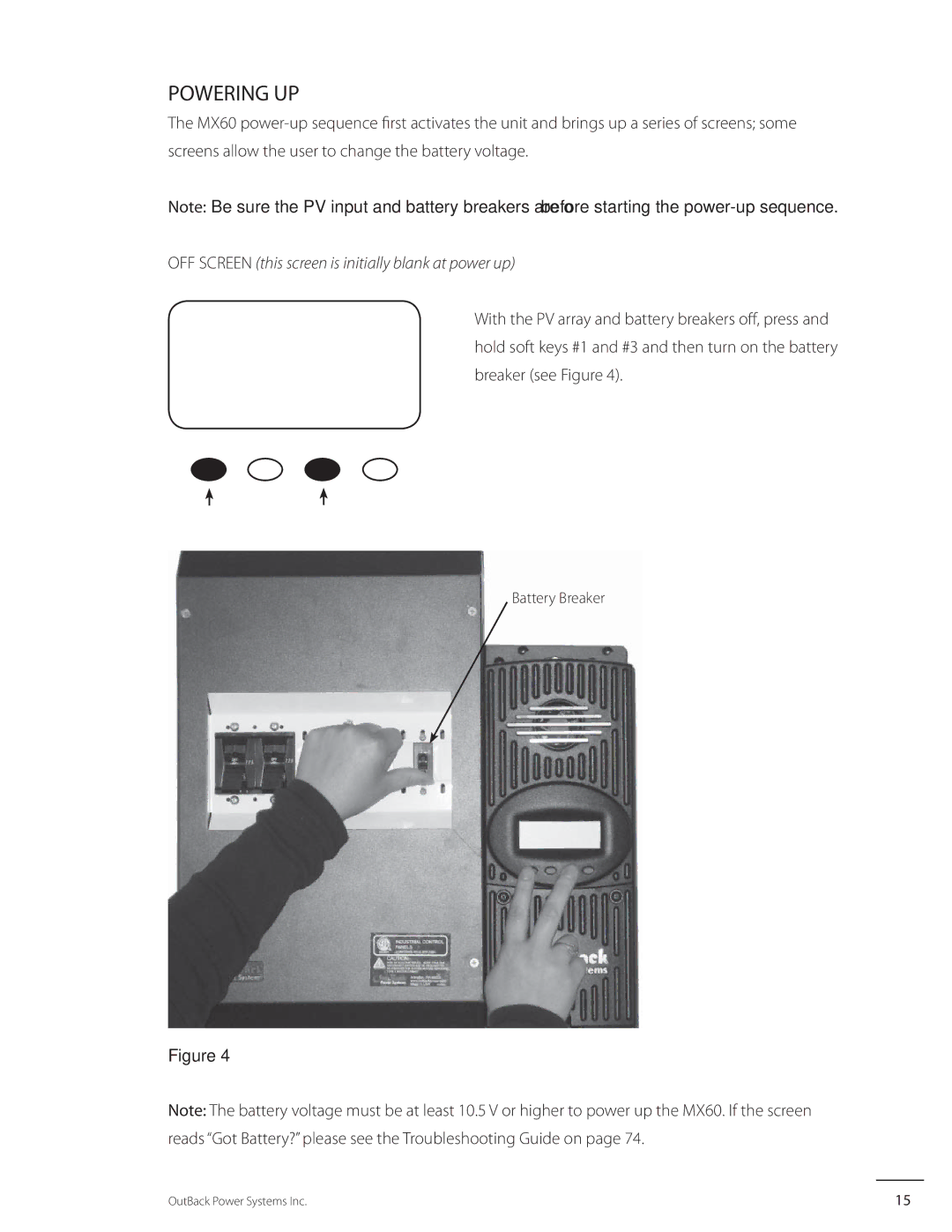 Outback Power Systems MX60 user manual Powering UP, OFF Screen this screen is initially blank at power up 