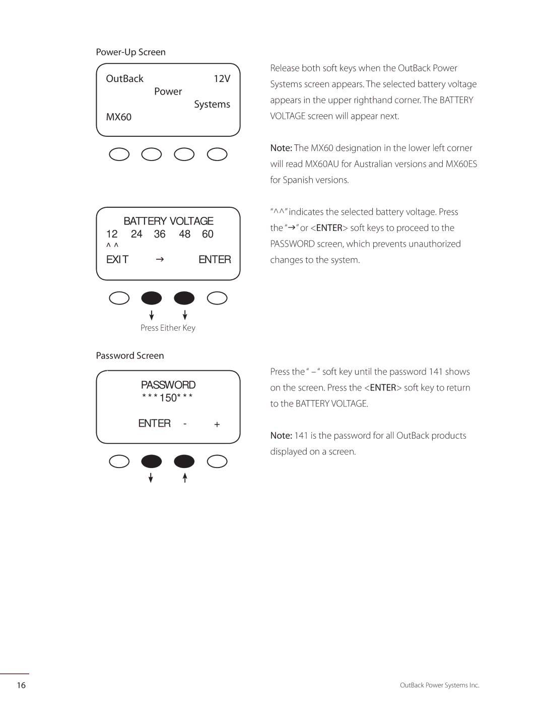 Outback Power Systems MX60 user manual Exitenter, Password, 150, Enter + 