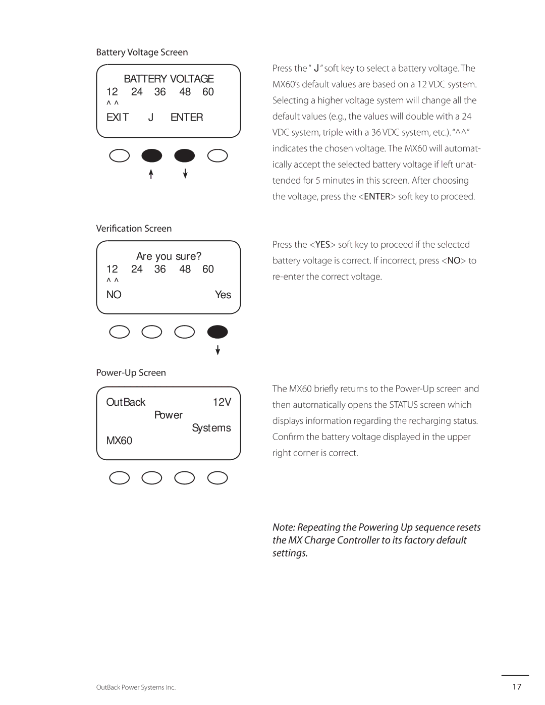 Outback Power Systems Exit Enter, Are you sure? 12 24 36 48 NOYes, OutBack12V Power Systems MX60, Verification Screen 