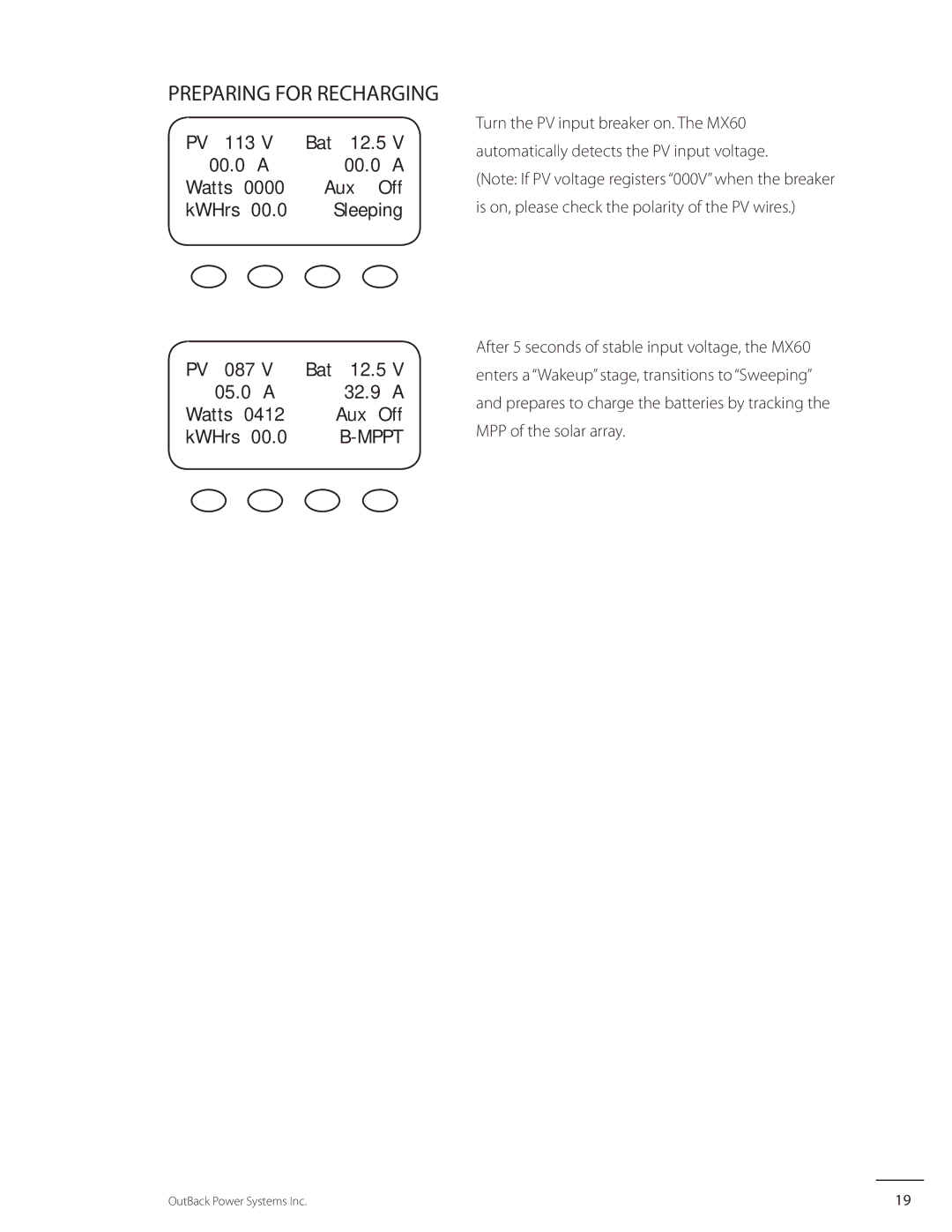 Outback Power Systems MX60 user manual PV 113 Bat 12.5 00.0 a Watts 0000 Aux Off KWHrs Sleeping, Mppt 