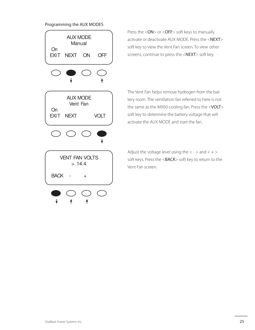 Outback Power Systems MX60 user manual Exit Next on OFF AUX Mode, Vent FAN Volts 