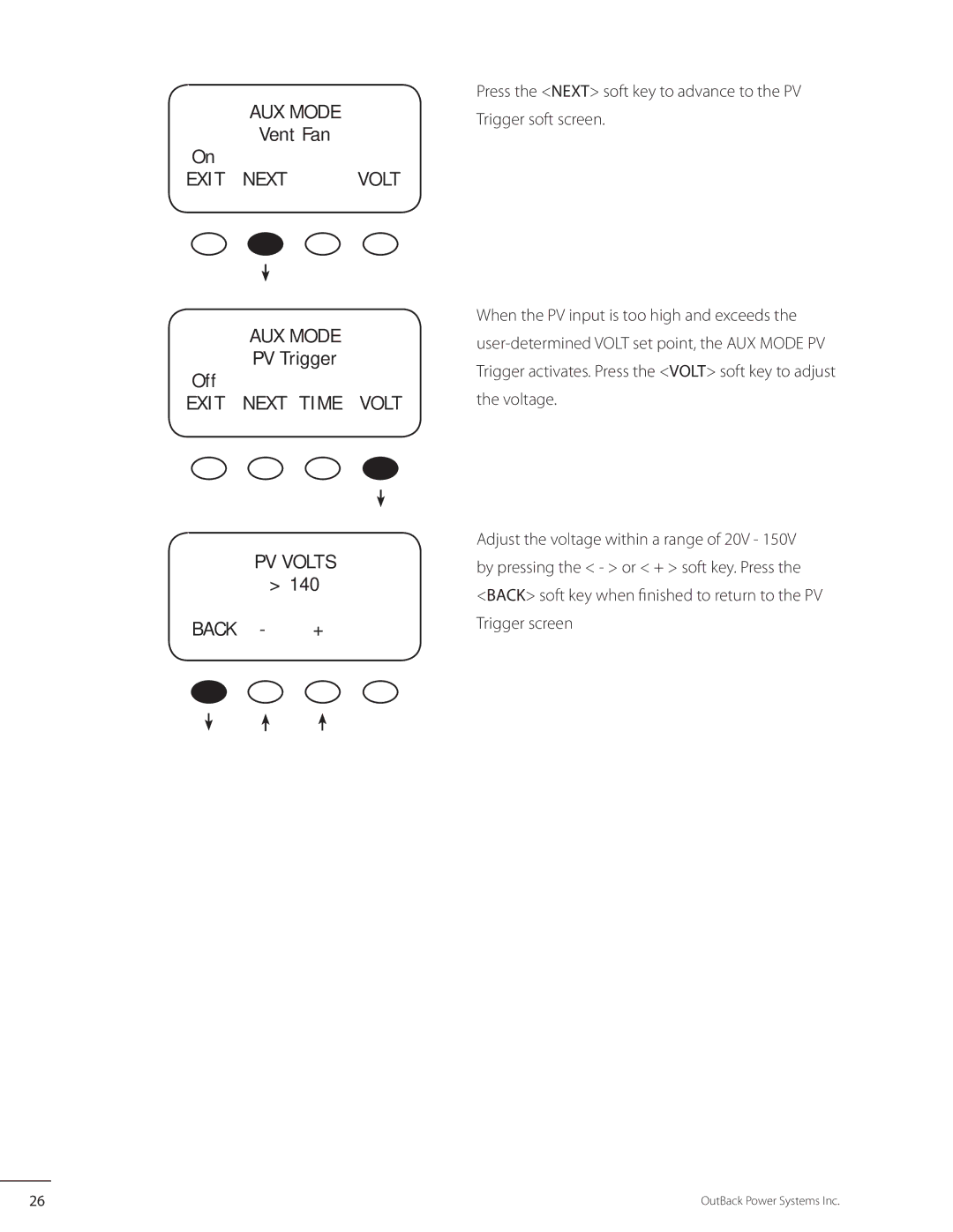 Outback Power Systems MX60 user manual PV Trigger Off, Exit Next Time Volt PV Volts, Back + 