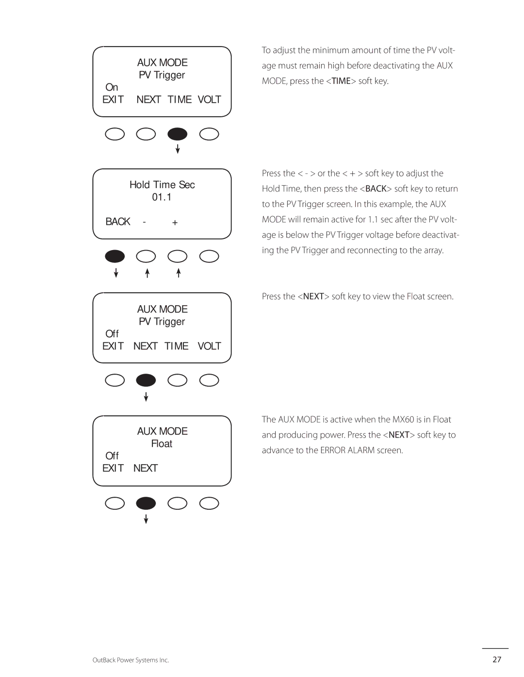 Outback Power Systems MX60 user manual PV Trigger, Hold Time Sec 01.1 Back +, Exit Next Time Volt AUX Mode, Float Off 