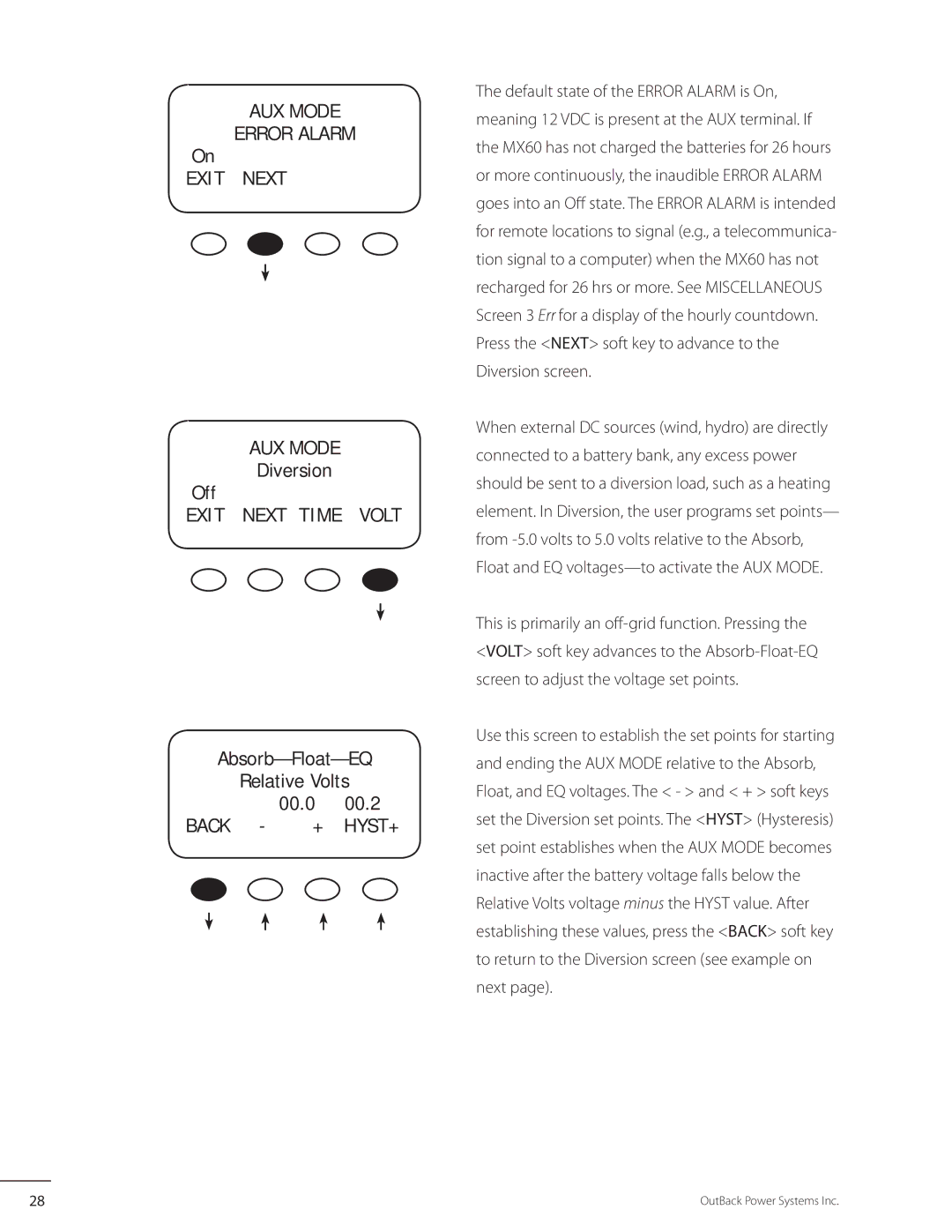 Outback Power Systems MX60 AUX Mode Error Alarm Exit Next, Diversion Off, Absorb-Float-EQ Relative Volts 00.0 00.2, Back 