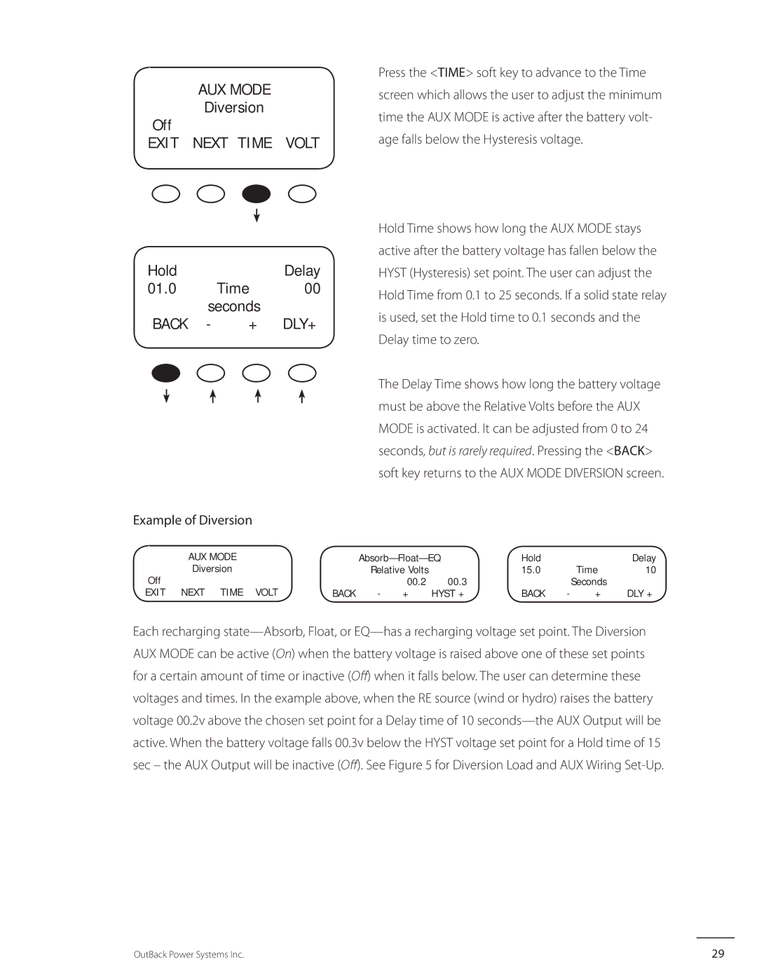 Outback Power Systems MX60 user manual Hold Delay 01.0 Time Seconds, Example of Diversion 