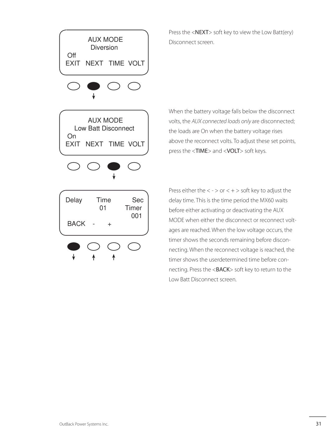 Outback Power Systems MX60 user manual Low Batt Disconnect, Sec, Timer, 001 