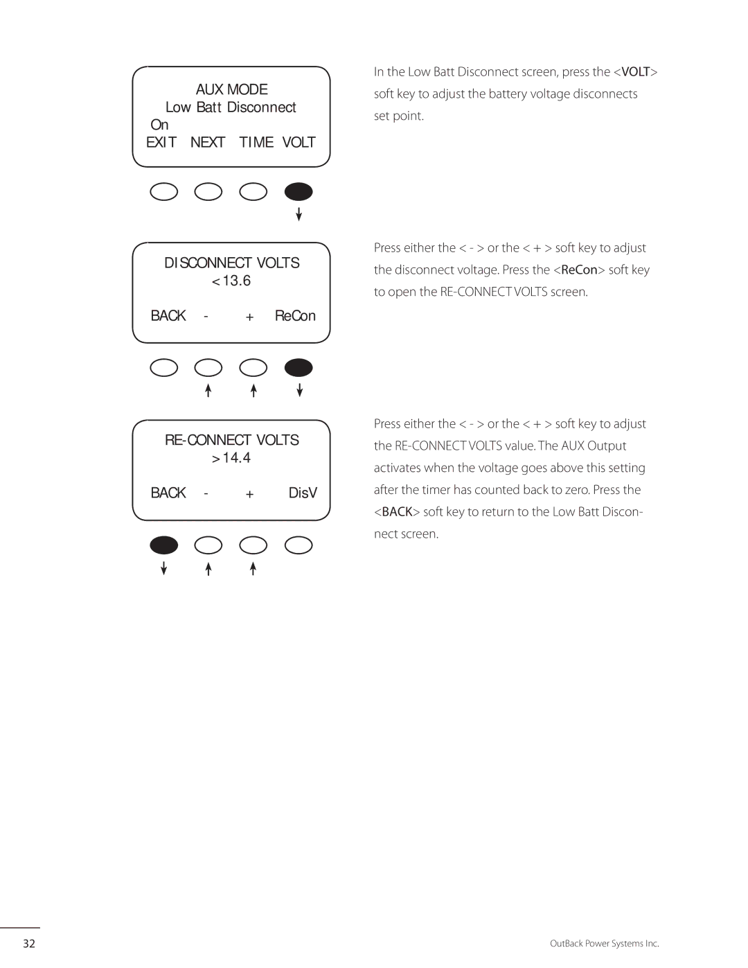 Outback Power Systems MX60 user manual Exit Next Time Volt Disconnect Volts, + ReCon, RE-CONNECT Volts, Back + DisV 