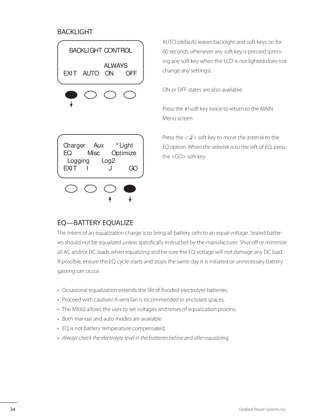 Outback Power Systems MX60 user manual EQ-BATTERY Equalize, Backlight Control Always Exit Auto on OFF, Exitgo 