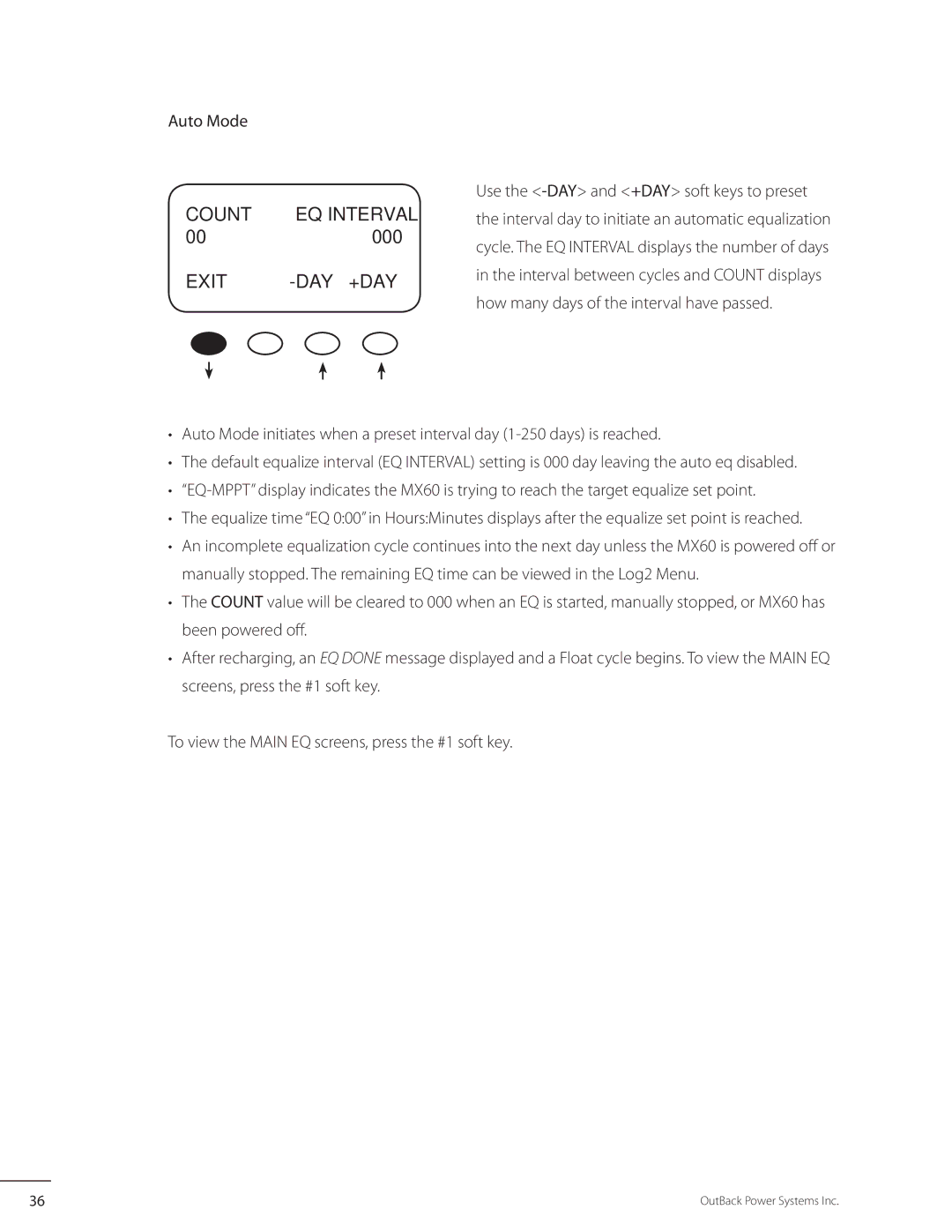 Outback Power Systems MX60 user manual Count, 000, Exit DAY +DAY, Auto Mode 