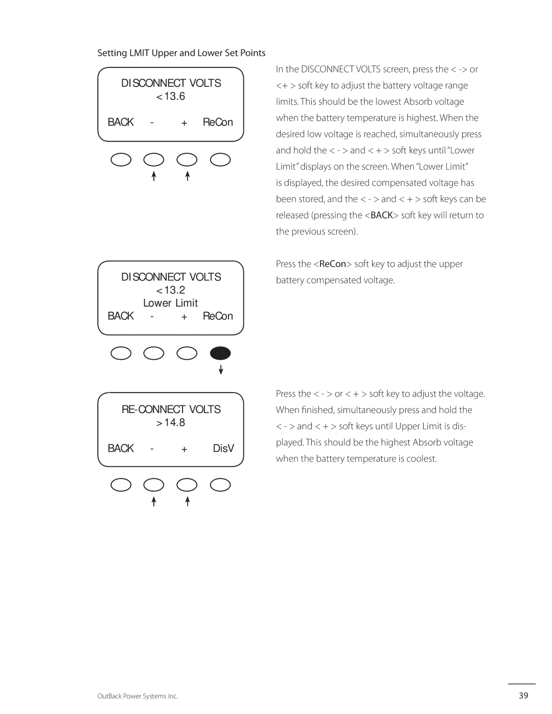 Outback Power Systems MX60 user manual Lower Limit, Back + DisV 