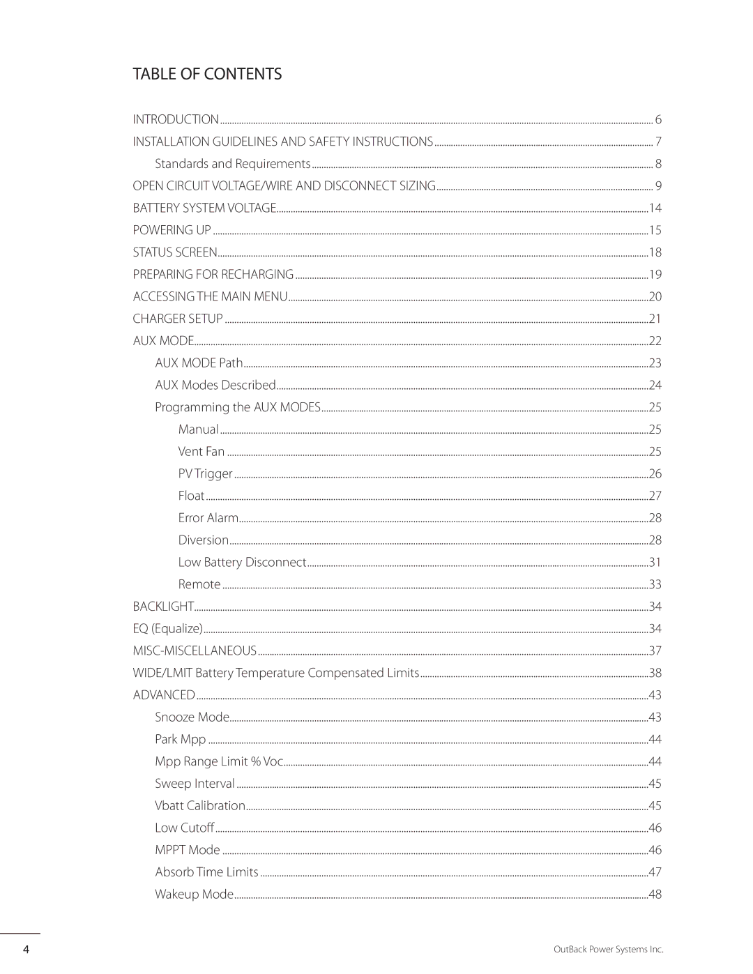 Outback Power Systems MX60 user manual Table of Contents 