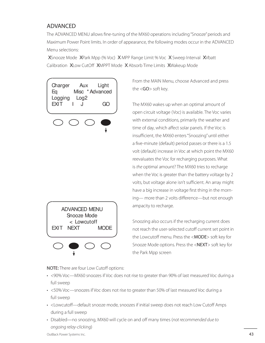 Outback Power Systems MX60 Charger Aux Light Misc *Advanced Logging Log2, Exit Advanced Menu, Snooze Mode Lowcutoff 