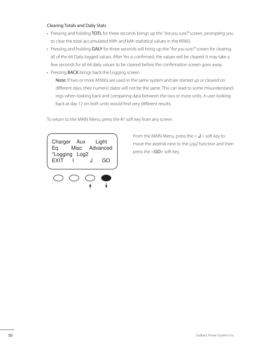 Outback Power Systems MX60 user manual Charger Aux Light Misc Advanced Logging Log2, Clearing Totals and Daily Stats 