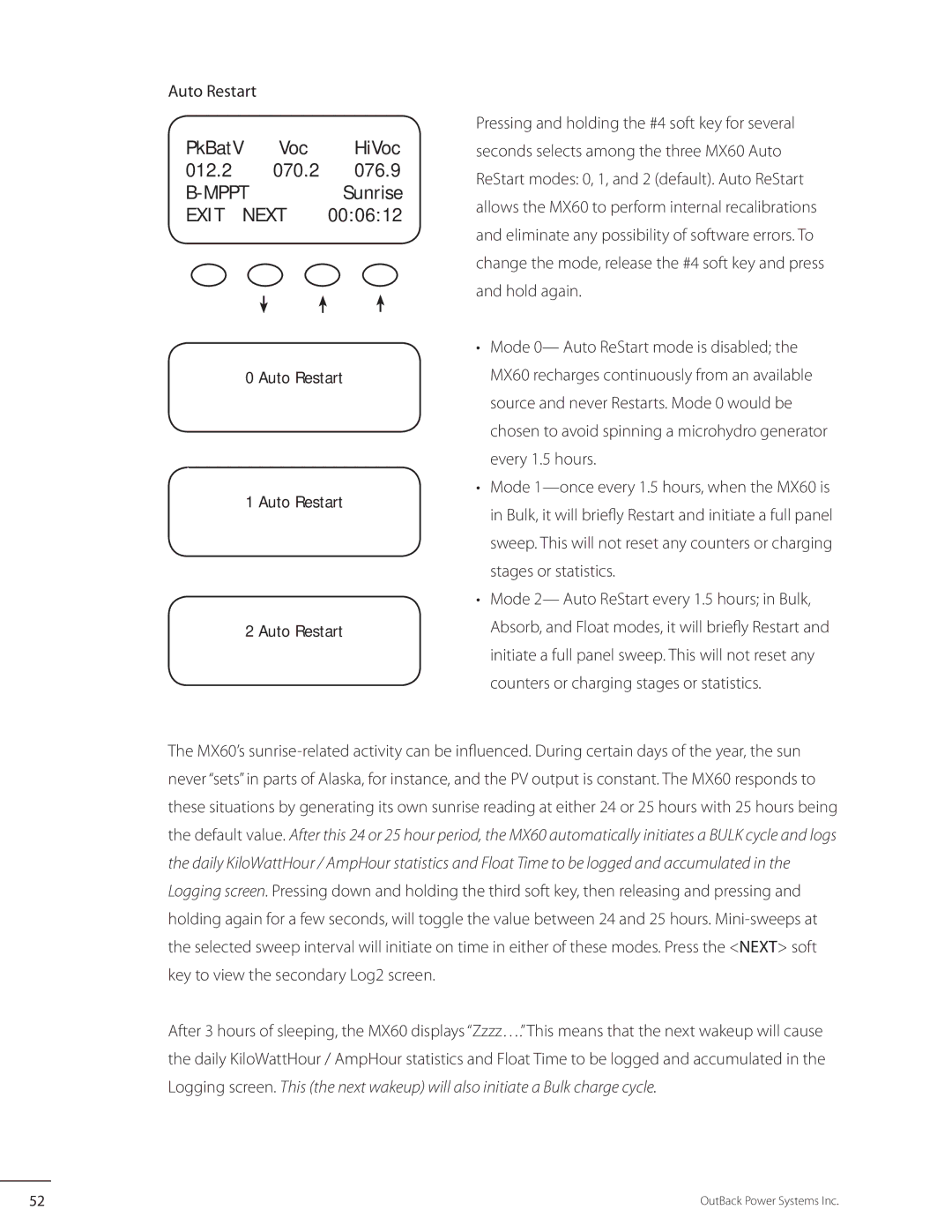 Outback Power Systems MX60 user manual PkBatV Voc HiVoc 012.2 070.2 Mppt Sunrise Exit Next, Auto Restart 