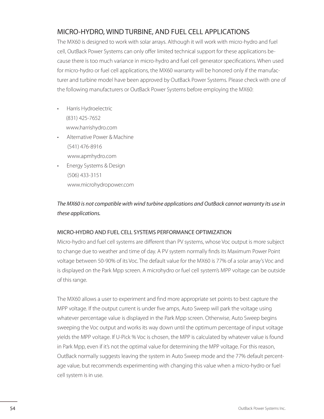 Outback Power Systems MX60 user manual MICRO-HYDRO, Wind TURBINE, and Fuel Cell Applications 