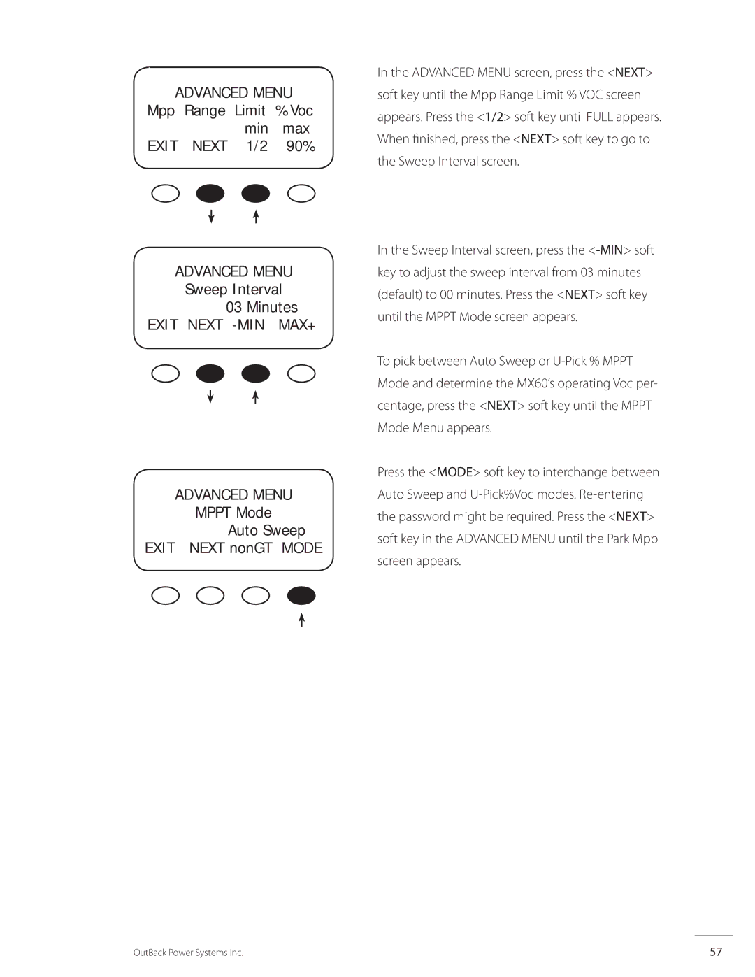 Outback Power Systems MX60 user manual Advanced Menu 